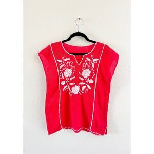 Unbranded Embroidered Blouse Women Small Red White Floral Boho Huipil Vintage